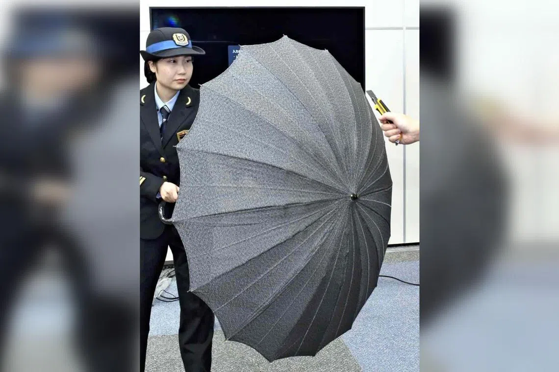 JR West will from November start placing two of these protective umbrellas in crew cabins on about 600 trains running on conventional lines in the Kinki region.