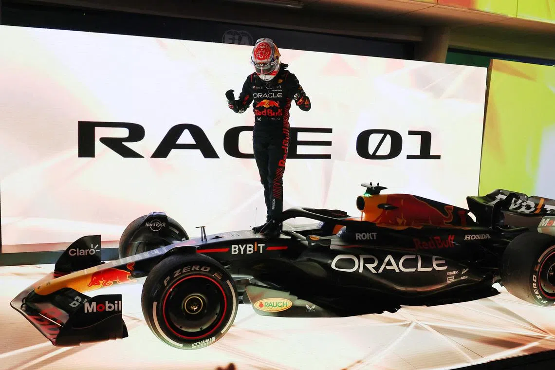 Red Bull's Max Verstappen celebrating after winning the Bahrain Grand Prix in Sakhir on March 5, 2023.