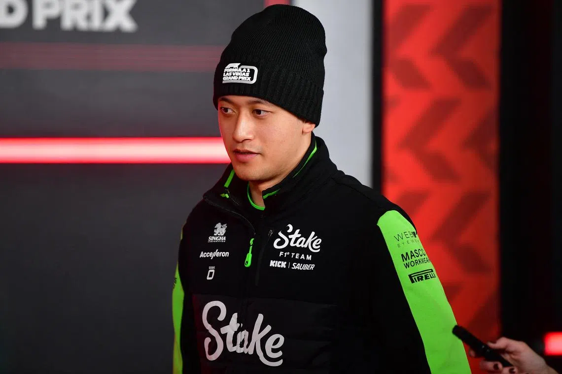 FILE PHOTO: Nov 23, 2024; Las Vegas, Nevada, USA; Stake F1 Sauber driver Zhou Guanyu (24) arrives for the Las Vegas Grand Prix at Las Vegas Circuit. Gary A. Vasquez-Imagn Images/ File Photo