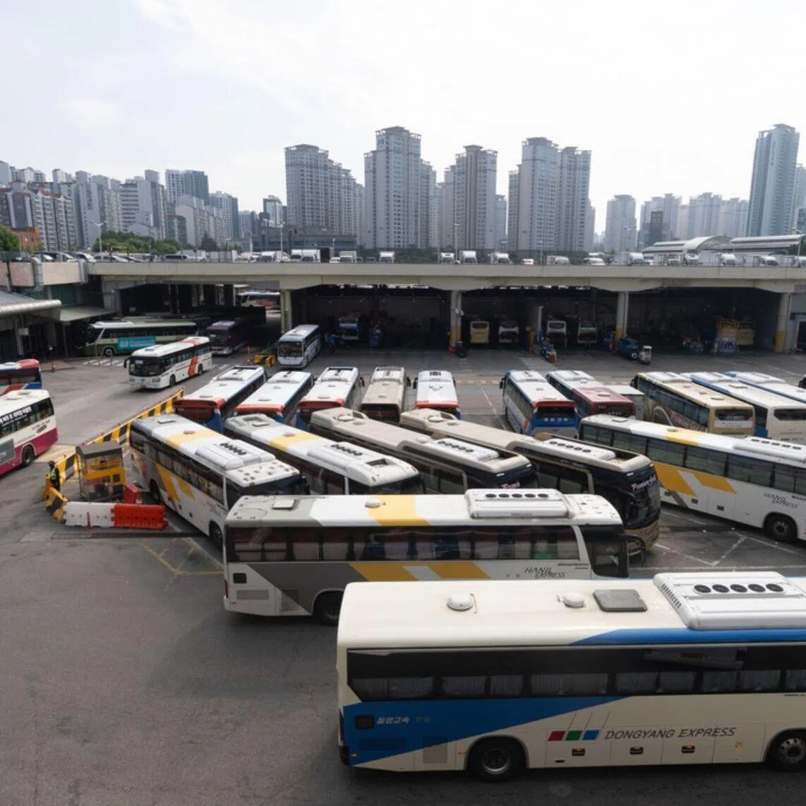 Buses are parked at the Seoul Express Bus Terminal in Seocho-gu, Seoul.