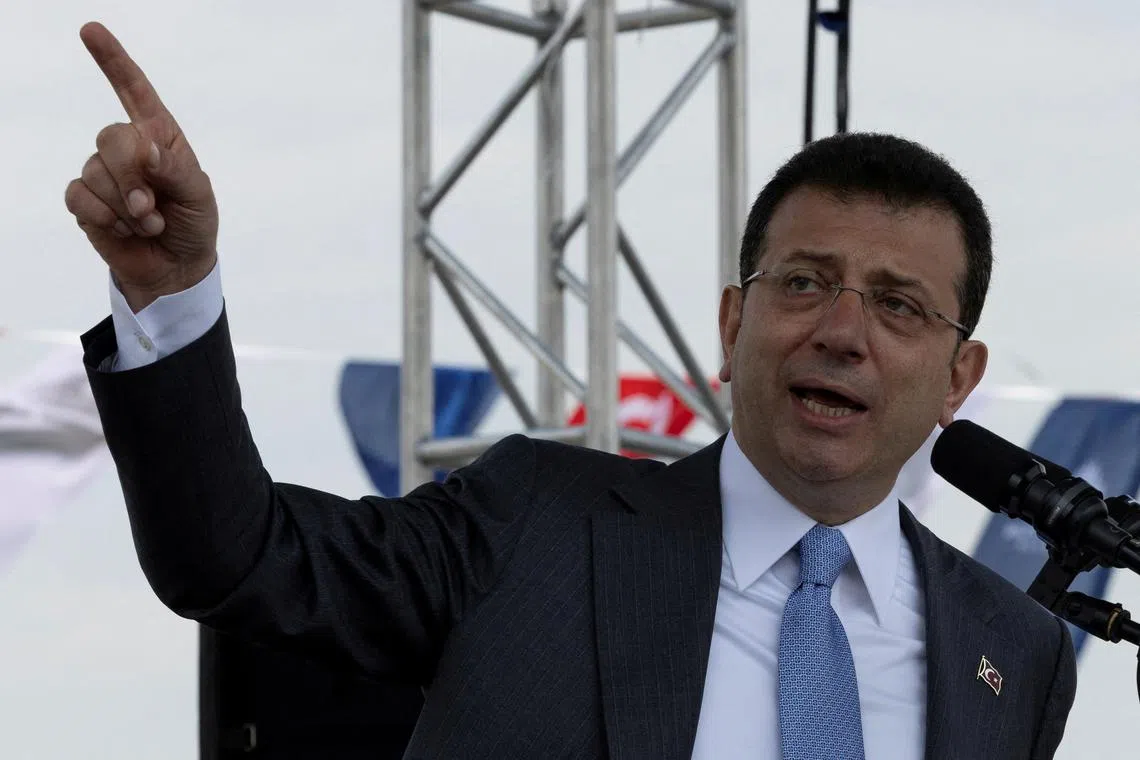 FILE PHOTO: Istanbul's mayor Ekrem Imamoglu speaks during a campaign event ahead of the local elections in Istanbul, Turkey, March 19, 2024. REUTERS/Umit Bektas/File Photo