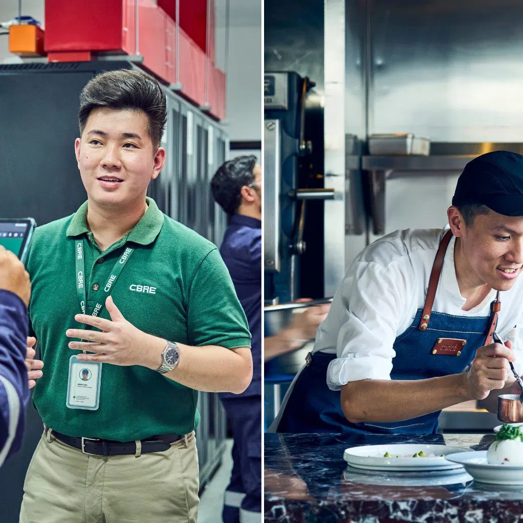(from left) assistant facilities manager at cbre global workplace solutions jeremy neo and chef de partie at andaz singapore’s steakhouse 665°f ng teng yang pivoted from their original fields of study to discover fulfilling careers that play to their strengths and passions