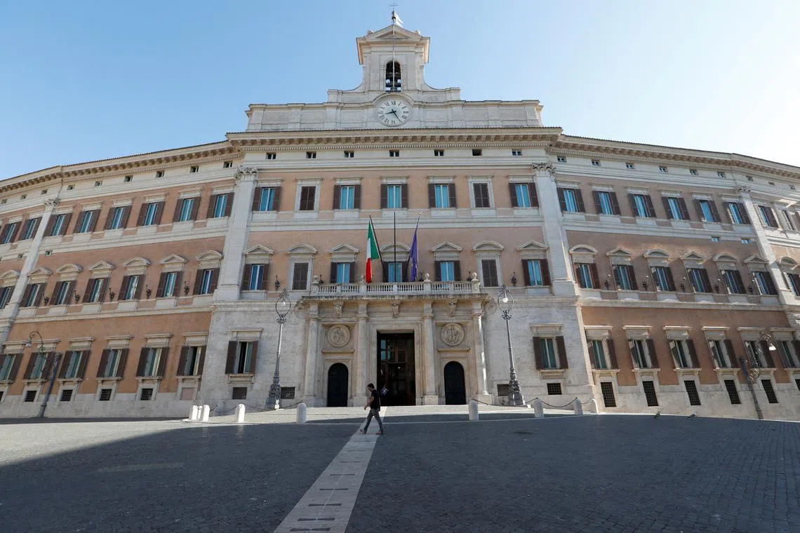 FILE PHOTO: A general view of Montecitorio Palace, the lower house of Parliament, on the day Mario Draghi is expected to address the Parliament after he tendered his resignation last week in the wake of a mutiny by a coalition partner, in Rome, Italy July 20, 2022. REUTERS/Remo Casilli?/File Photo