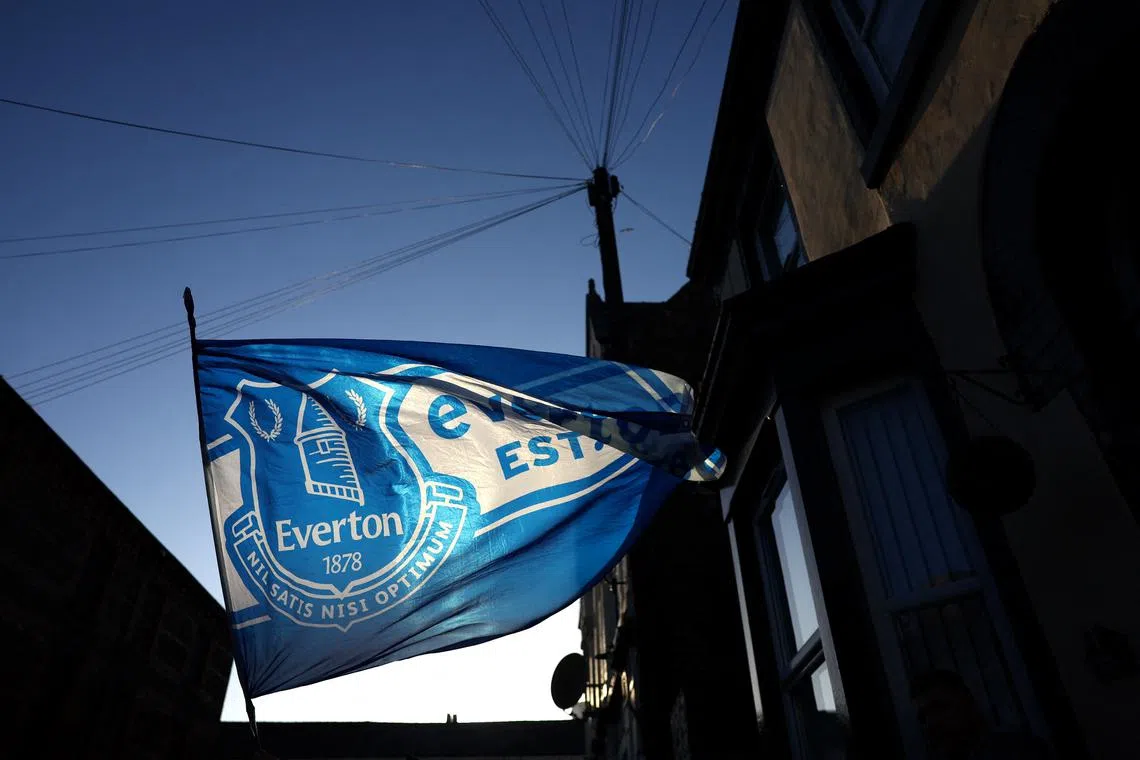 FILE PHOTO: Soccer Football - Premier League - Everton v Liverpool - Goodison Park, Liverpool, Britain - April 24, 2024 General view of an Everton flag outside the stadium before the match Action Images via Reuters/Lee Smith/File Photo