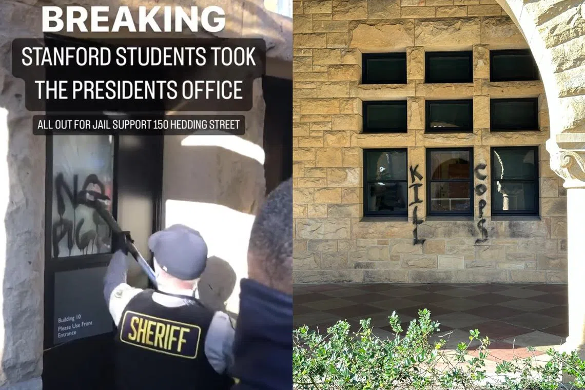 Police using a crowbar to enter a Stanford building in which students had barricaded themselves. The school reported extensive damage to the building.  
