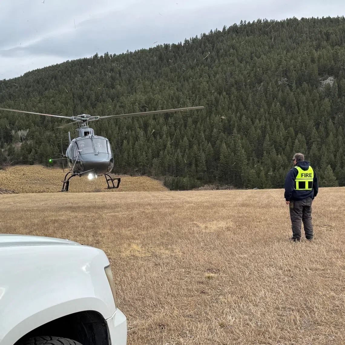 A helicopter that was used to shuttle responders to the scene and to help transport hikers off the mountain after the lion attack.