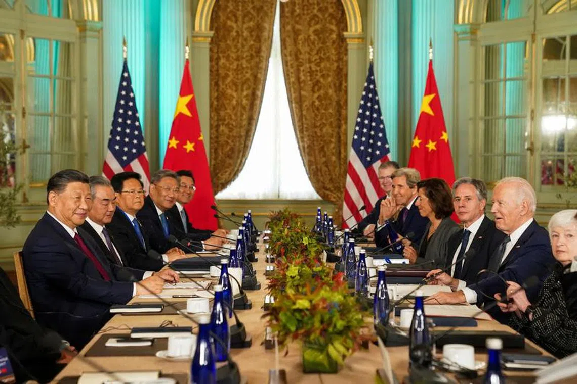 U.S. President Joe Biden and Chinese President Xi Jinping attend a bilateral meeting at Filoli estate on the sidelines of the Asia-Pacific Economic Cooperation (APEC) summit, in Woodside, California, U.S., November 15, 2023. REUTERS/Kevin Lamarque