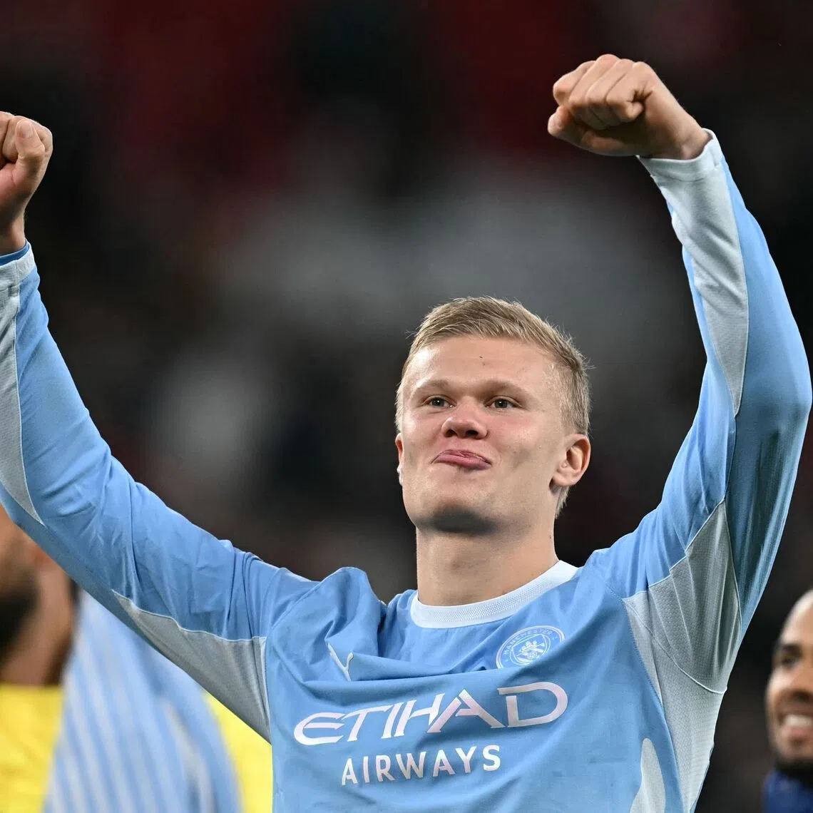 Manchester City’s Norwegian striker Erling Haaland celebrates on the pitch after his side’s 3-0 victory over Liverpool at Anfield on Oct 11.