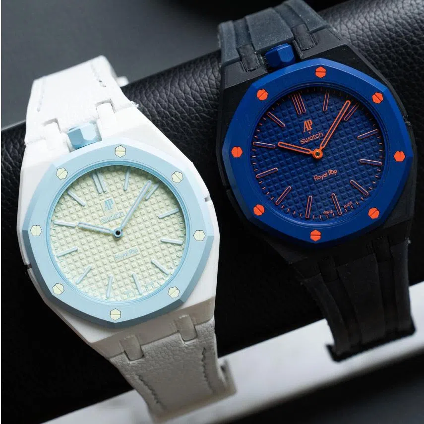 Delugs' rubber and leather strap prototypes for the Audemars Piguet x Swatch Royal Pop pocket watch.