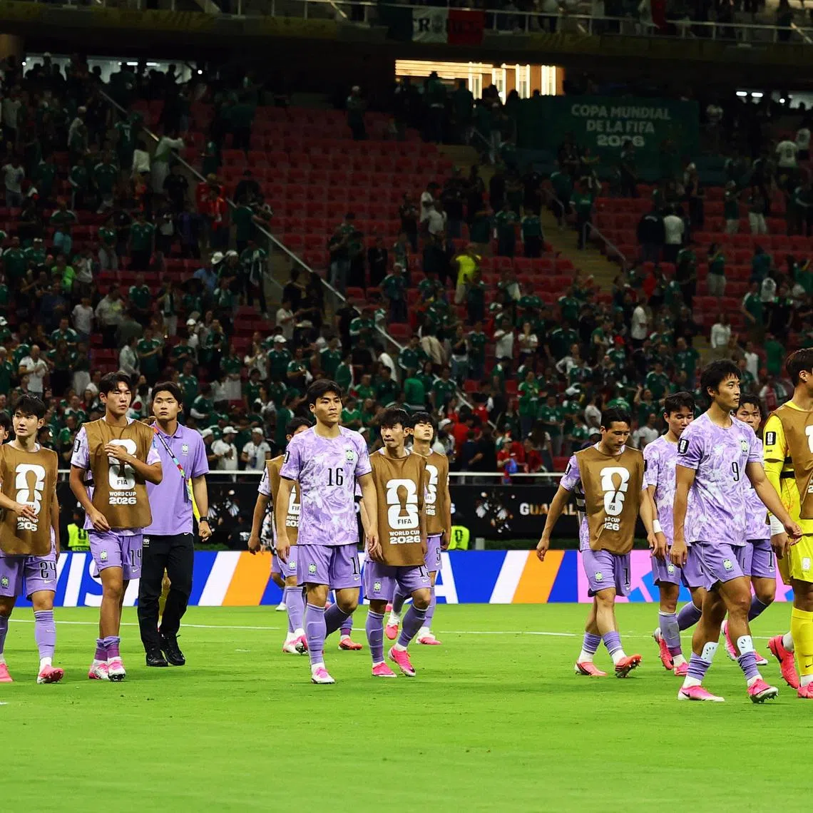 Soccer Football - FIFA World Cup 2026 - Group A - Mexico v South Korea - Estadio Guadalajara, Guadalajara, Mexico - June 18, 2026 South Korea players look dejected after the match REUTERS/Daniel Becerril