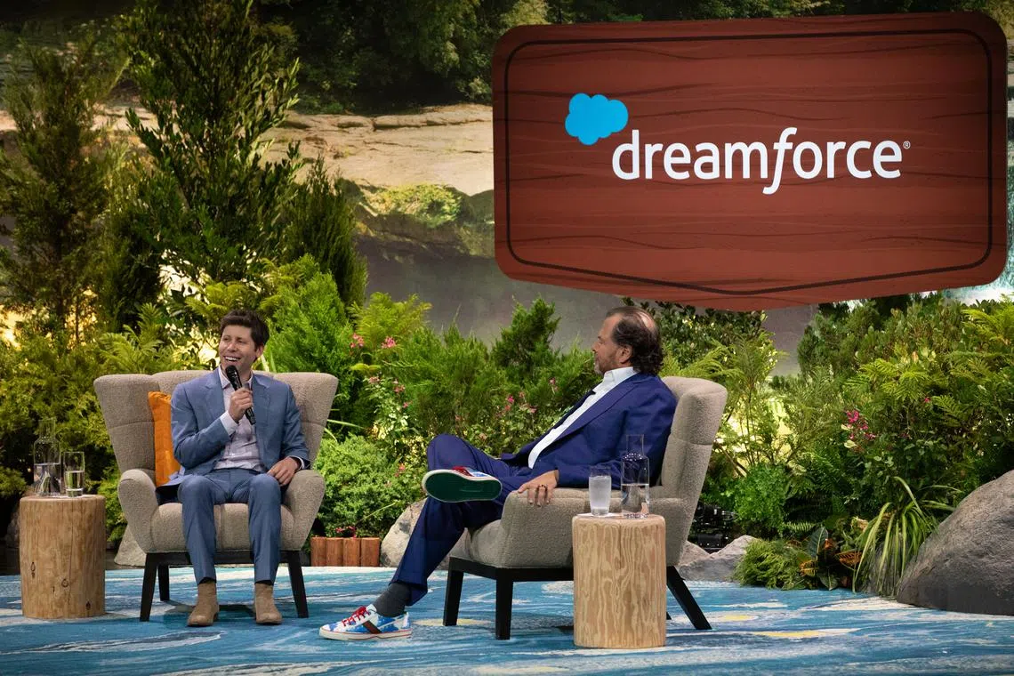Salesforce chief executive Marc Benioff at the Dreamforce conference keynote with OpenAi chief Sam Altman.
