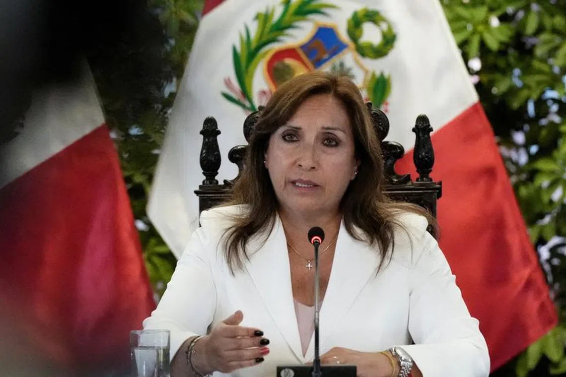 FILE PHOTO: Peru's President Dina Boluarte speaks as she meets with foreign press, in Lima, Peru January 24, 2023. REUTERS/Angela Ponce/File Photo