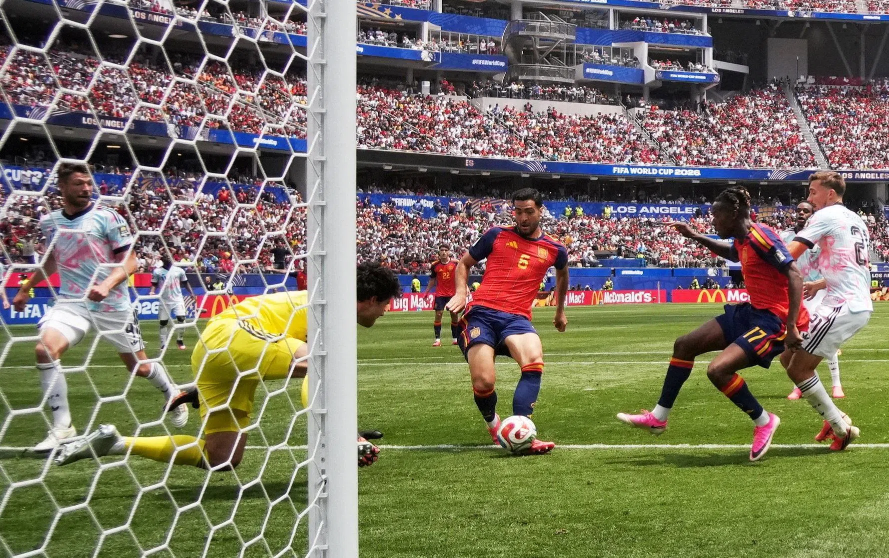Soccer Football - FIFA World Cup 2026 - Quarter Final - Spain v Belgium - Los Angeles Stadium, Inglewood, California, U.S. - July 10, 2026
Spain's Mikel Merino scores their second goal past Belgium's Senne Lammens REUTERS/Kai Pfaffenbach     TPX IMAGES OF THE DAY