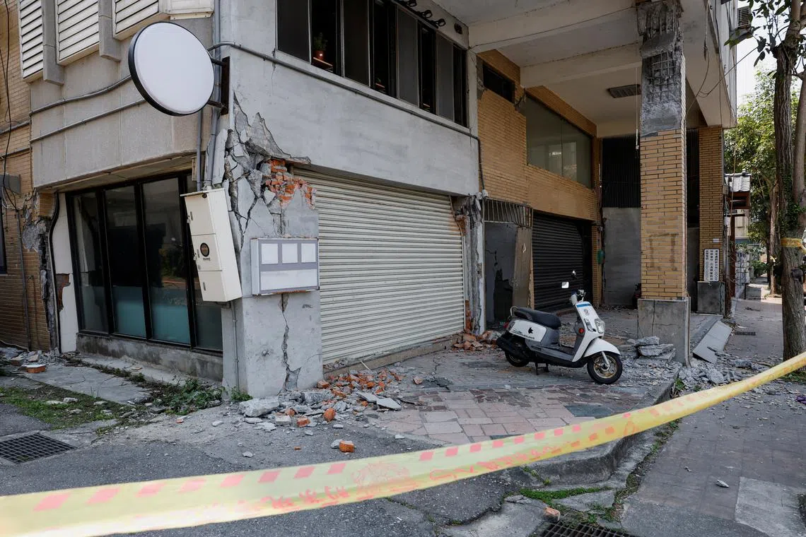A view of a damaged building, following the earthquake, in Hualien, Taiwan April 4, 2024. REUTERS/Carlos Garcia Rawlins