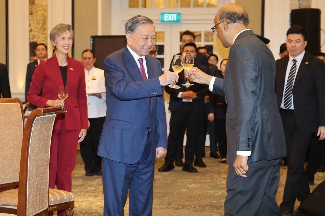 President Tharman Shanmugaratnam initiating a toast with Vietnamese President To Lam on May 29.