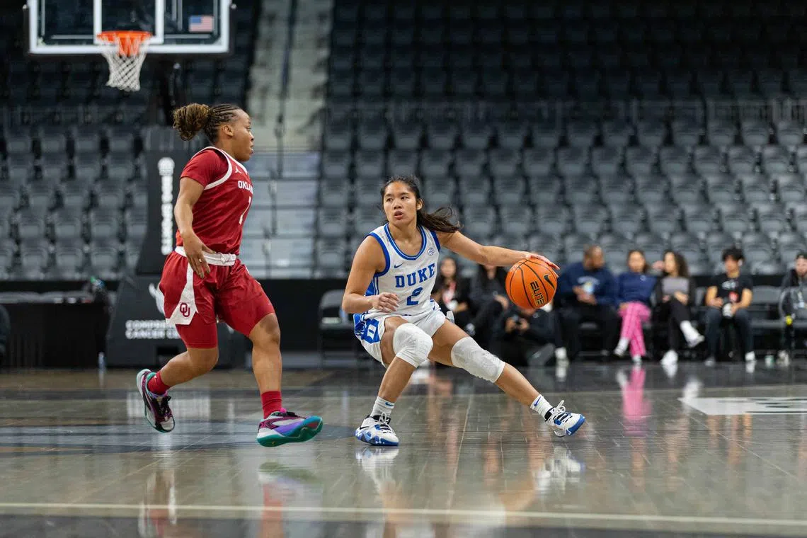 Nov 27, 2024; Henderson, NV, USA; The Oklahoma University Sooners compete against the Duke Blue Devils during the 2024 Ball Dawgs Classic Women's at Lee's Family Forum. Jeffrey (Tyge) O'Donnell-Imagn Images/File Photo