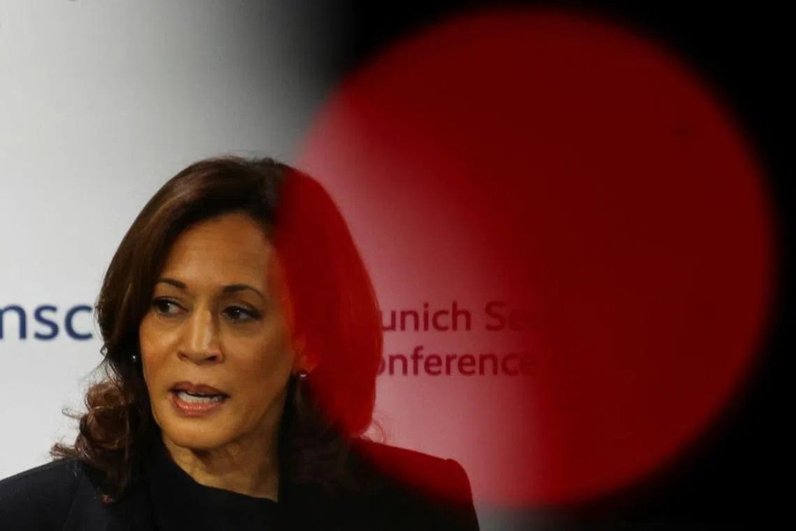 U.S. Vice President Kamala Harris speaks during the Munich Security Conference (MSC) in Munich, Germany February 16, 2024. REUTERS/Kai Pfaffenbach/Pool
