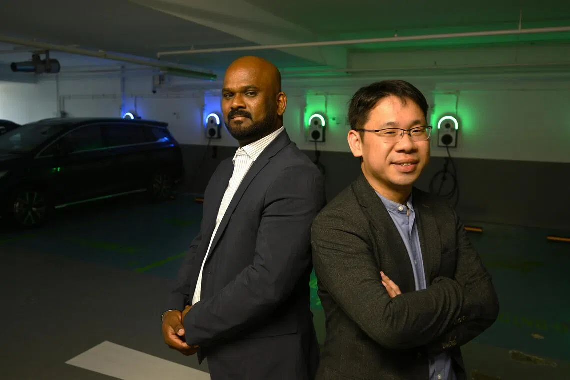 Sathiyamoorthy Nagarajan (left), a power systems specialist from India, partnered with Singaporean engineer Lai Yuan Weng to set up MNL Solutions, which delivers sustainable EV charging solutions for homes, condos, commercial and industrial sites.