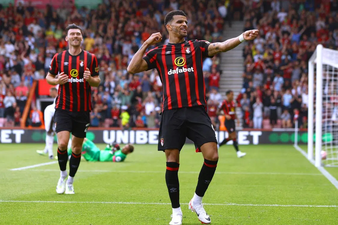 Dominic Solanke celebrates scoring the equaliser for Bournemouth.