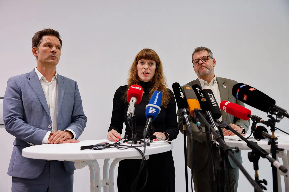Kerstin Wolter-Ehling, state chair of the Left party speaks to the media, on the day of exploratory talks between the Left Party, the Social Democratic party (SPD) and the Greens on a possible coalition government for Berlin's House of Representatives, in Berlin, Germany, October 8, 2026. REUTERS/Axel Schmidt