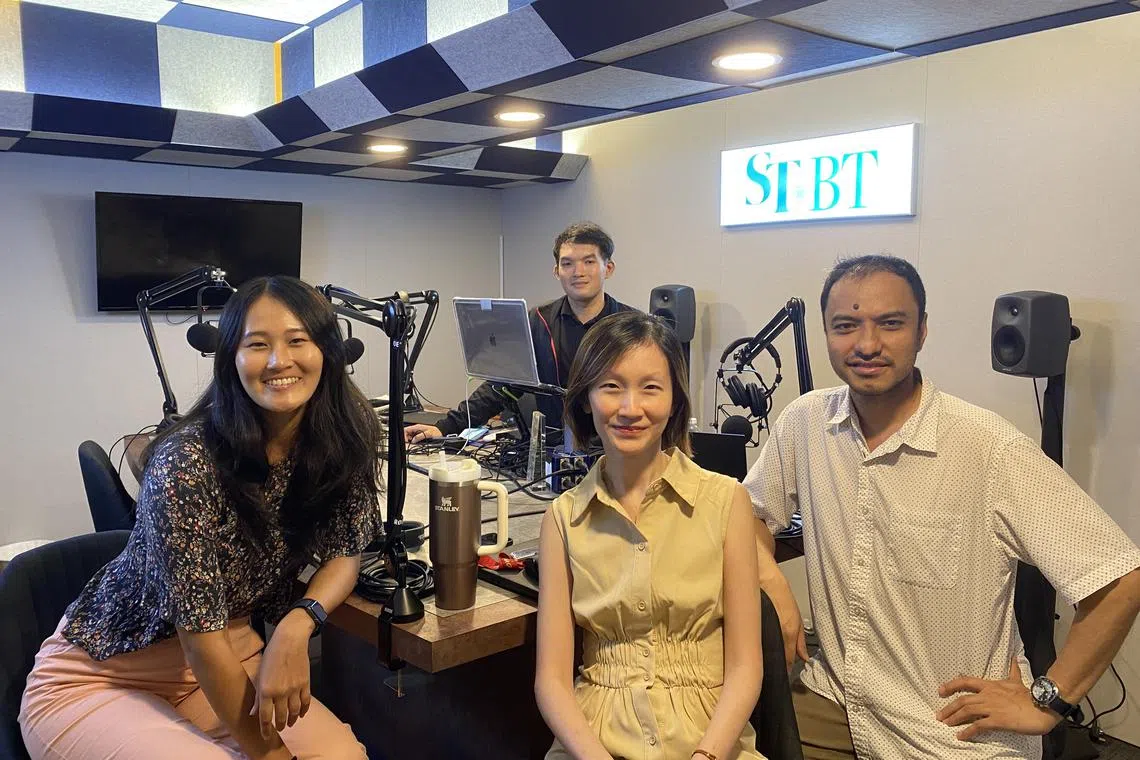 (From left to right): ST's Journalist Jean Iau, ST's Deputy News Editor, Grace Ho,  ST's Podcast Editor, Ernest Luis & (back) Podcast Producer, Teo Tong Kai in the podcast studio.

