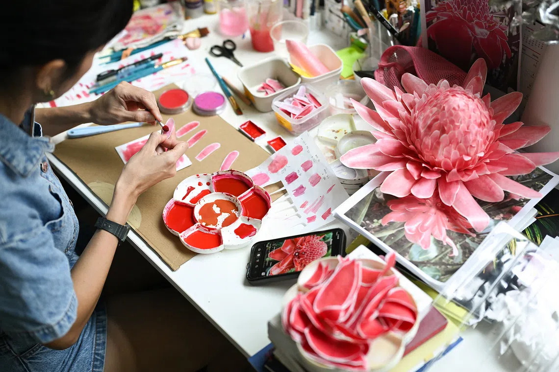 ST20260820-202602000369-Lim Yaohui-yhpeili/ Paper artist Koh Pei Li adding pastels on the bracts of her Torch Ginger botanical sculpture for Homo Faber 2026 in Venice, inside her studio on Aug 20, 2026. She feels that it adds a lot of depth to the whole artwork and one can never achieve this kind of softness with watercolor. (ST PHOTO: LIM YAOHUI)