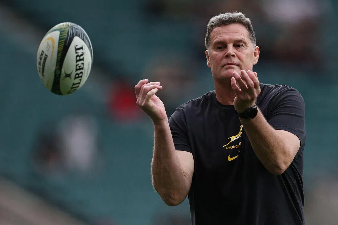 South Africa's director of rugby Rassie Erasmus warming up on the pitch before the pre-World Cup Rugby Union match between New Zealand and South Africa at Twickenham Stadium which the Springboks won 35-7 on Aug 25.