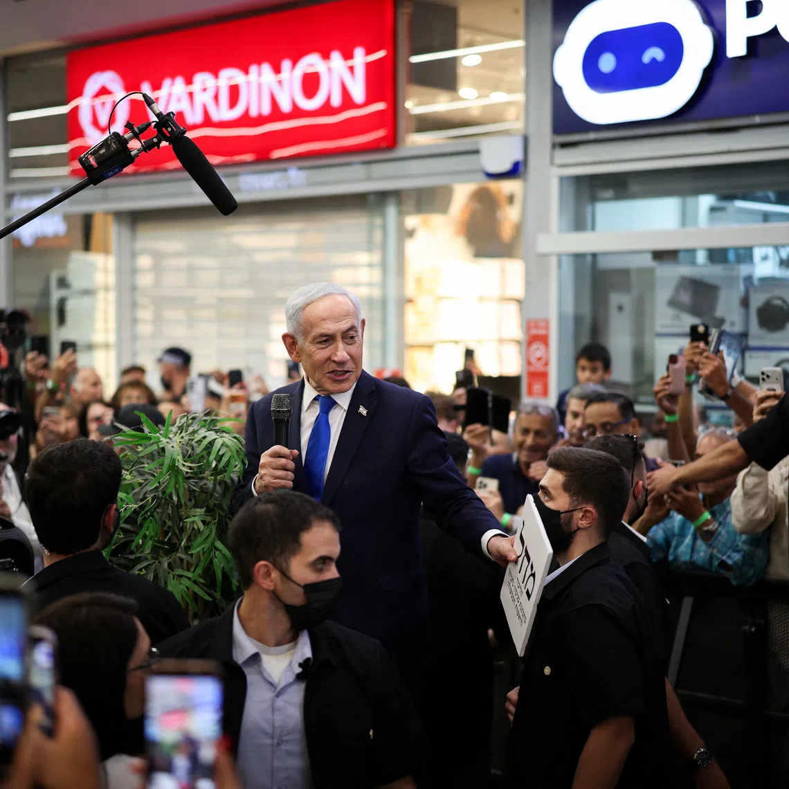 Israeli Prime Minister Benjamin Netanyahu meets members of the public, ahead of Israel’s national election, in Yokneam Illit, Israel.