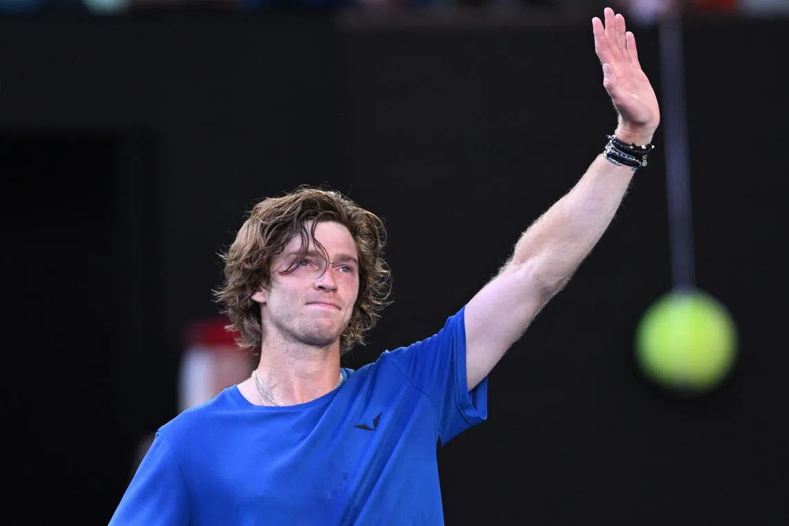Andrey Rublev of Russia celebrates after defeating Holger Rune of Denmark during their fourth round match at the 2023 Australian Open tennis tournament in Melbourne on Monday.