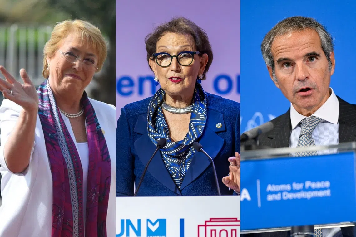 Candidates so far for the role of the next UN chief are (from left) former Chilean president Michelle Bachelet, former Costa Rican vice-president Rebeca Grynspan, and current International Atomic Energy Agency director-general Rafael Grossi of Argentina.