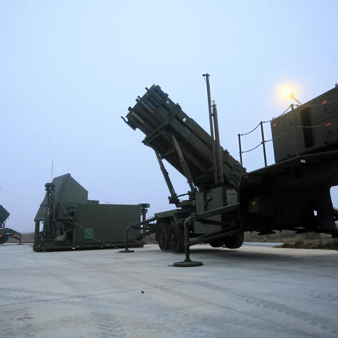 The Patriot missile systems on display at the 3rd Warsaw Air Defense Missile Brigade’s base in Sochaczew, Poland, on Dec 18, 2025.