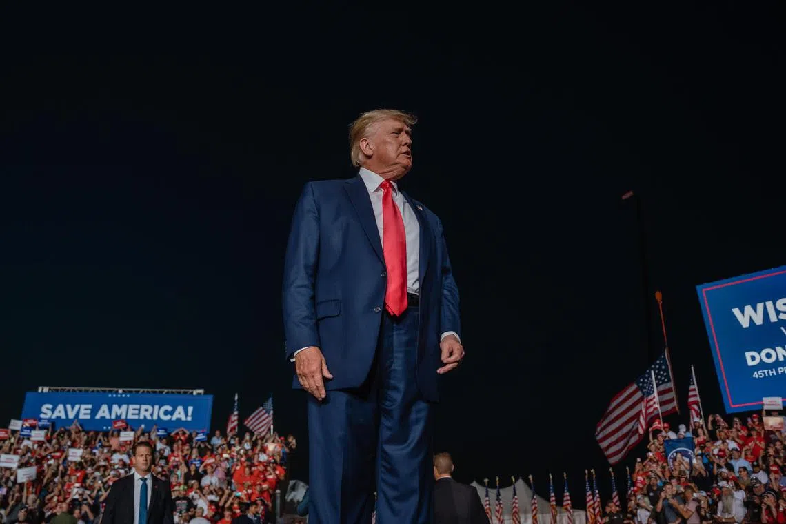 FILE Ñ Former President Donald Trump arrives to a rally in Waukesha, Wis. on Aug. 5, 2022. TrumpÕs family real estate business was convicted of tax fraud and other financial crimes on Dec. 6, a remarkable rebuke of the former presidentÕs company and what prosecutors described as its Ò