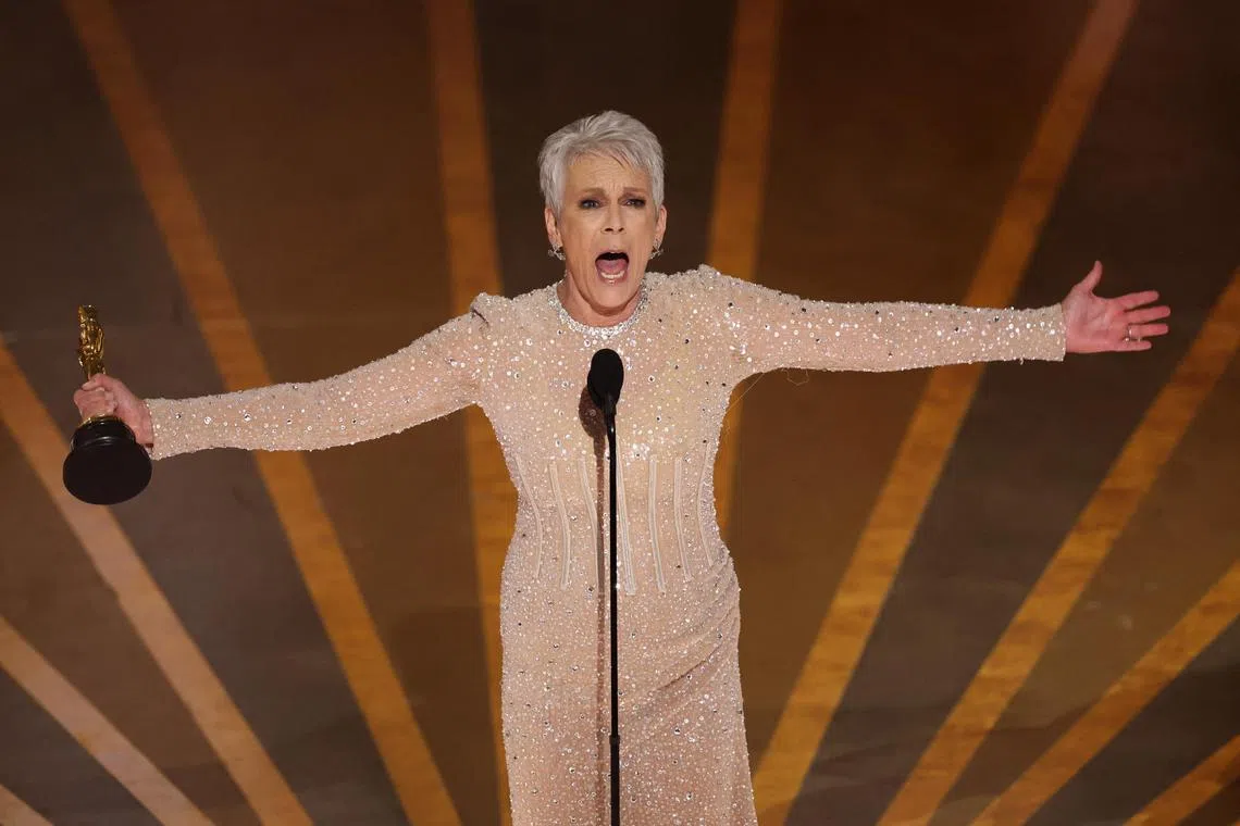 Jamie Lee Curtis wins the Oscar for Best Supporting Actress for Everything Everywhere All At Once during the Oscars show at the 95th Academy Awards in Hollywood, Los Angeles on March 12, 2023. 