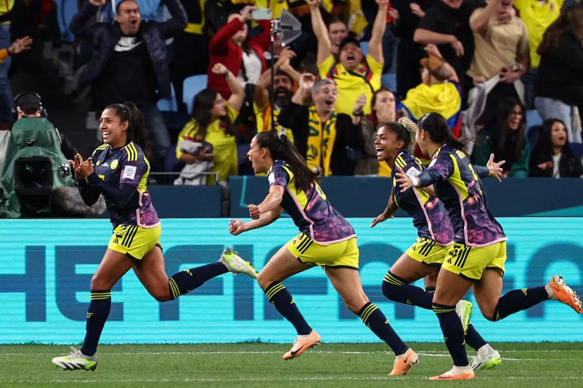 Colombia's defender Manuela Vanegas (far left) celebrating after scoring her team's late winner during the Australia and New Zealand 2023 Women's World Cup Group H football match between Germany and Colombia at Sydney Football Stadium on Sunday.