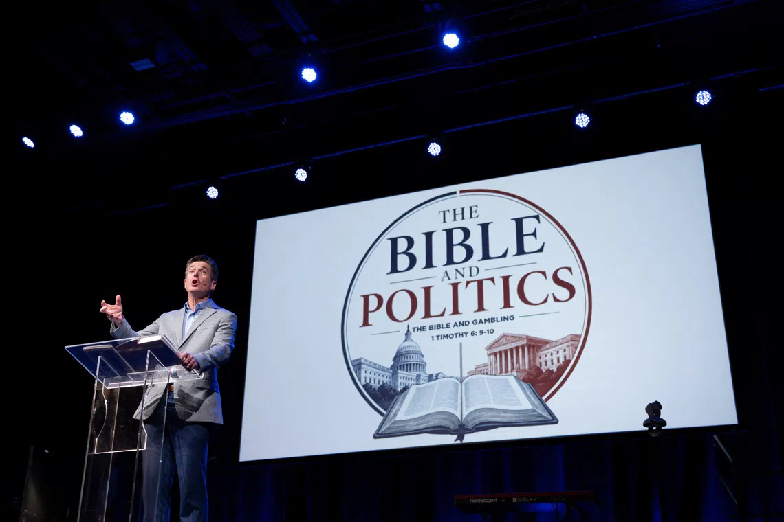 Erik Estep, senior pastor at Village Church, delivering a sermon during a service focusing on the Bible and politics in Blythewood, South Carolina, on Oct 14.