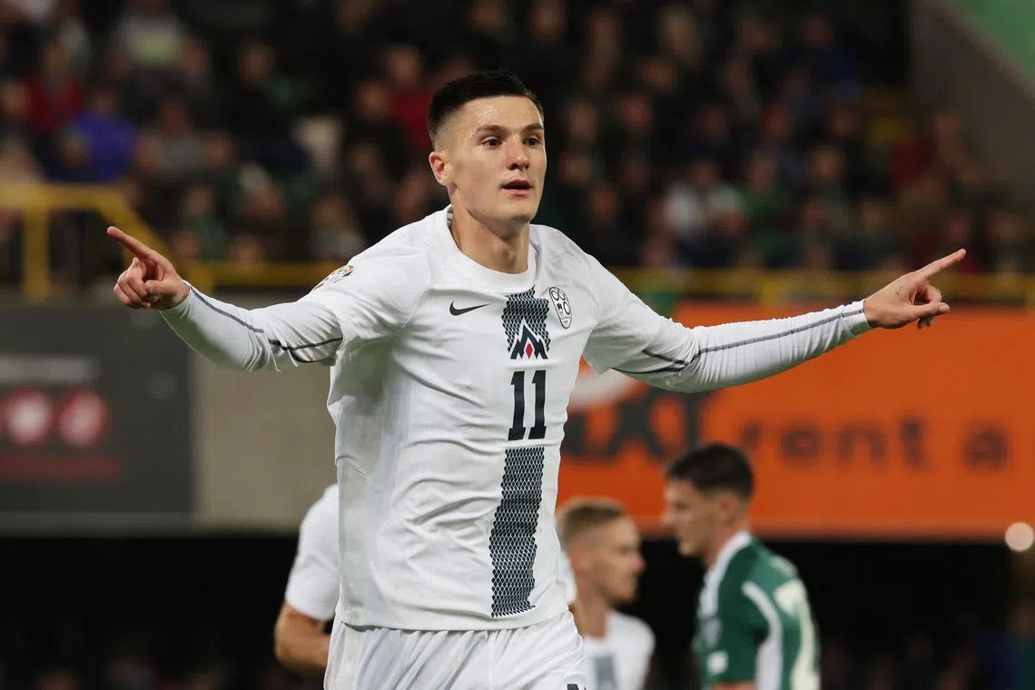 FILE PHOTO: Soccer Football - Euro 2024 Qualifier - Group H - Northern Ireland v Slovenia - Windsor Park, Belfast, Northern Ireland - October 17, 2023 Slovenia's Benjamin Sesko celebrates scoring a goal before it is disallowed following a referral to VAR REUTERS/Lorraine Osullivan/File Photo