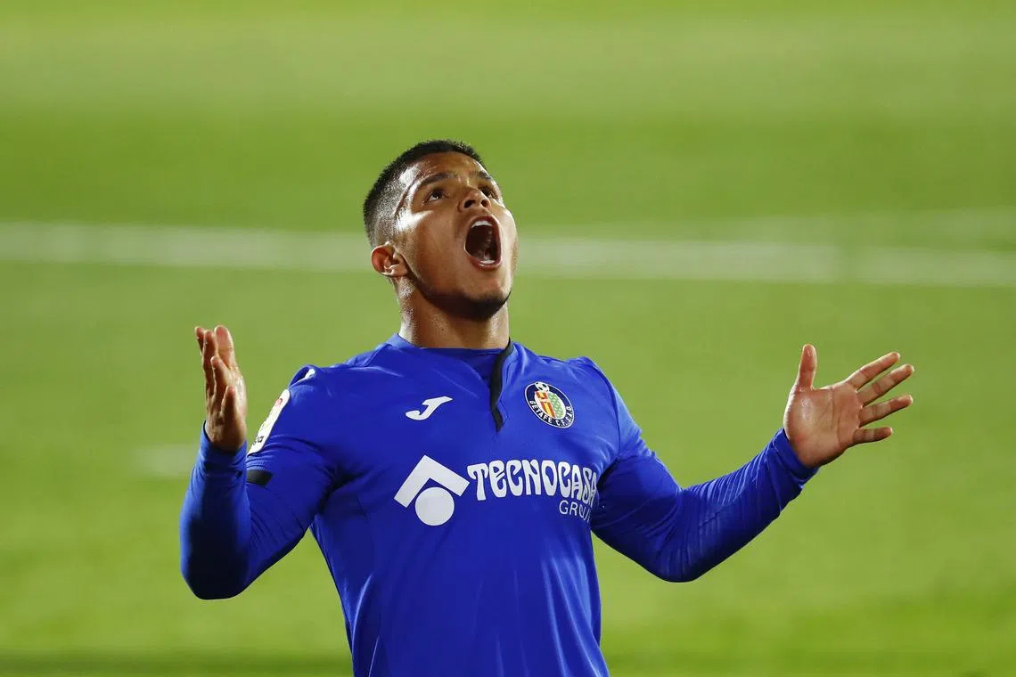 FILE PHOTO: Soccer Football - La Liga Santander - Getafe v FC Barcelona - Coliseum Alfonso Perez, Getafe, Spain - October 17, 2020  Getafe's Cucho Hernandez reacts REUTERS/Juan Medina/File Photo