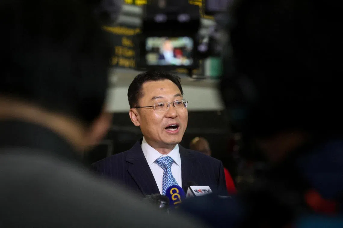 Mr Xie Feng, China's new ambassador to the US, addresses the media as he arrives at JFK airport in New York City on May 23, 2023.