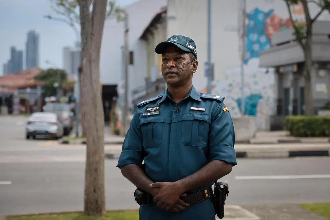 Certis officer Corporal Nathan Chandra Sekaran, 44, at Race Course Road above Little India MRT Station, Oct 25, 2023. He was one of the first responders during the Little India riot which happened 10 years ago.
