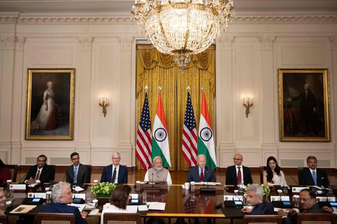 Mr Biden and Mr Modi gathered with CEO’s including Apple’s Tim Cook, Google’s Sundar Pichai, Microsoft’s Satya Nadella and Reliance Industries' Mukesh Ambani.
