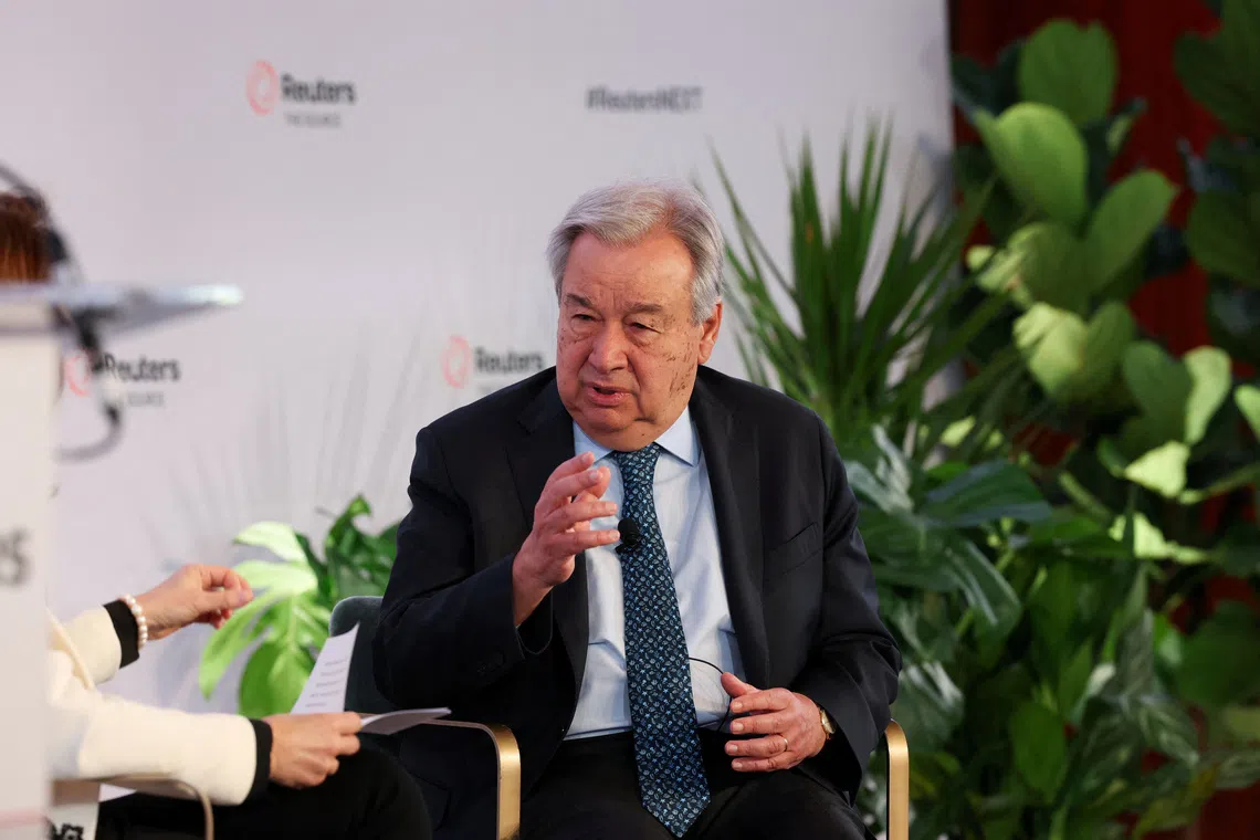 UN Secretary General Antonio Guterres speaks with Reuters Editor-in-Chief Alessandra Galloni during the Reuters NEXT conference, in New York City, New York, U.S., December 3, 2025.  REUTERS/Brendan McDermid