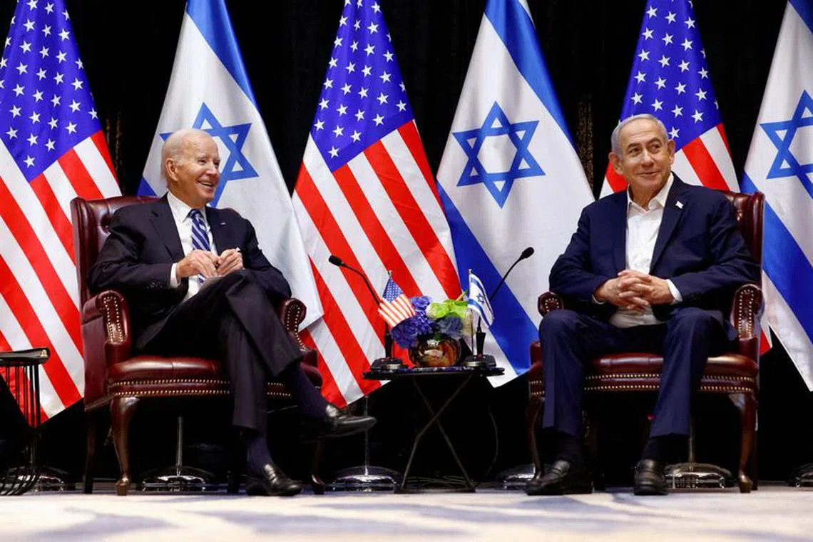 FILE PHOTO: U.S. President Joe Biden has demonstrated unwavering support for Israel's security over a half century in public life. In this photo,  Biden meets with Israeli Prime Minister Benjamin Netanyahu and the Israeli war cabinet, as he visits Israel amid the ongoing conflict between Israel and Hamas, in Tel Aviv, Israel, October 18, 2023. REUTERS/Evelyn Hockstein/File Photo