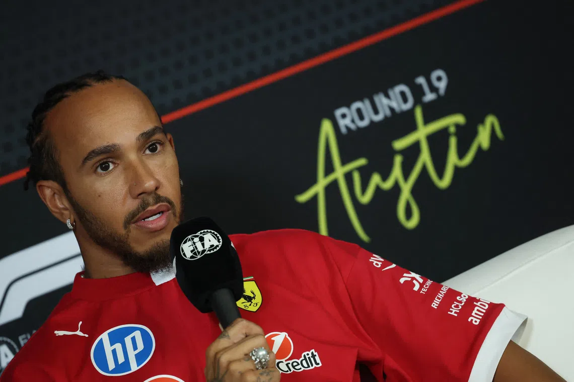 Formula One F1 - United States Grand Prix - Circuit of the Americas, Austin, Texas, U.S. - October 16, 2025 Ferrari's Lewis Hamilton during the press conference REUTERS/Mike Segar