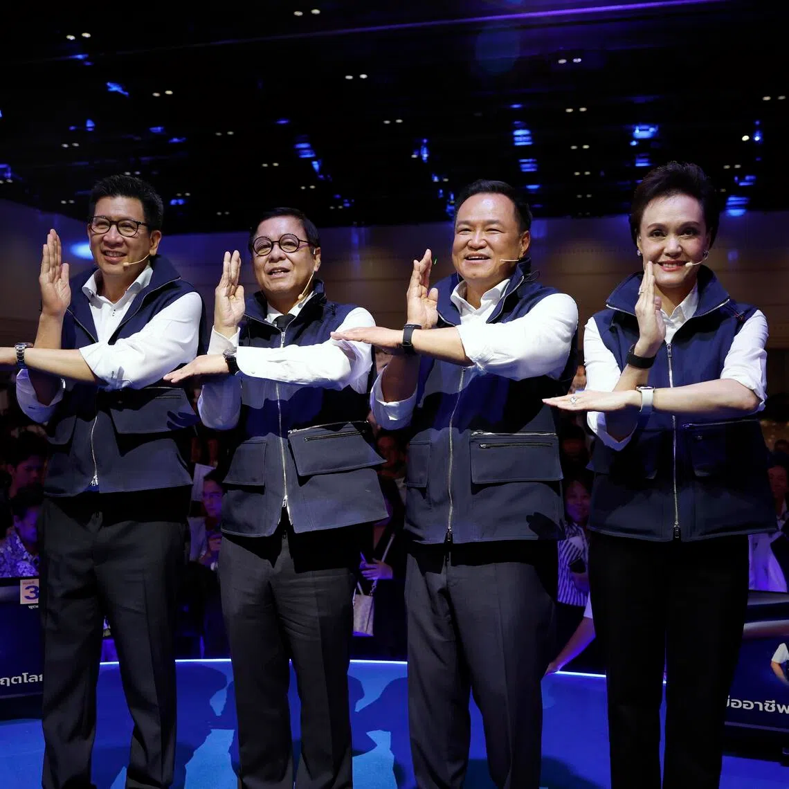 Thai Prime Minister Anutin Charnvirakul (second from right) won Feb 8’s election by an unexpectedly wide margin.