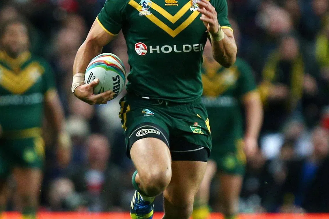 Jarryd Hayne playing for Australia against New Zealand in the Rugby League World Cup Final at Old Trafford in 2013. A court overturned his conviction for intercourse without consent. 