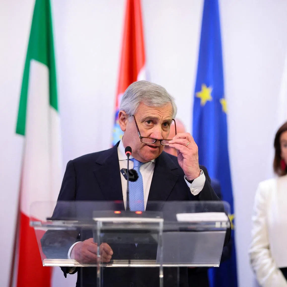 Italian Foreign Minister Antonio Tajani speaks during a press conference, on the day of a MED9 informal ministerial meeting, in Split, Croatia, April 9, 2026. REUTERS/Antonio Bronic