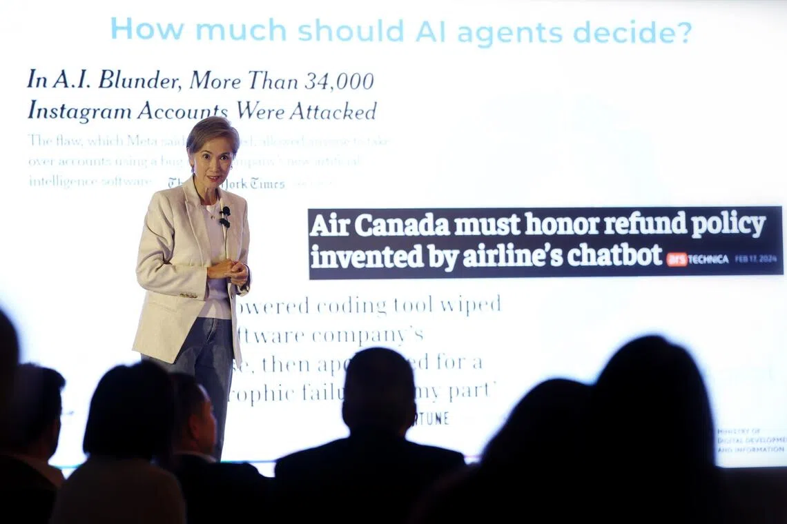 Minister for Digital Development and Information Josephine Teo giving a presentation at the inaugural SID Digital and Tech Forum 2026 at Parkroyal Collection Marina Bay on July 31.