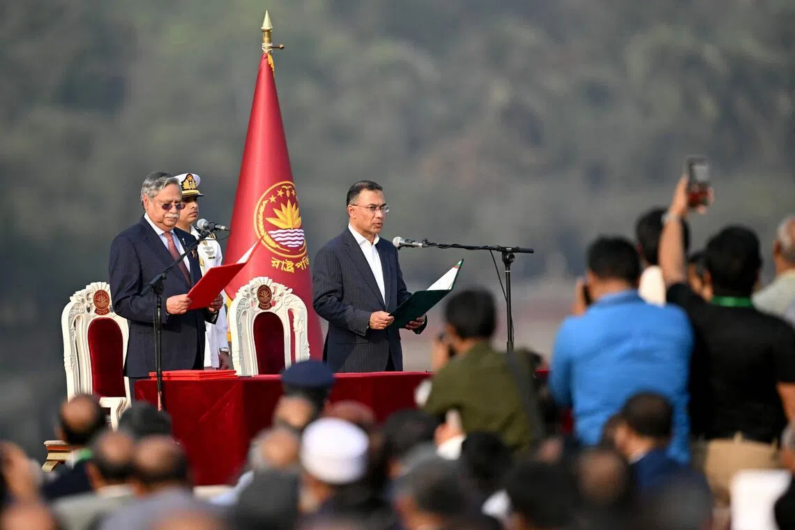 BNP leader Tarique Rahman (right) taking the oath of office as prime minister at a ceremony in Dhaka on Feb 17, 2026.