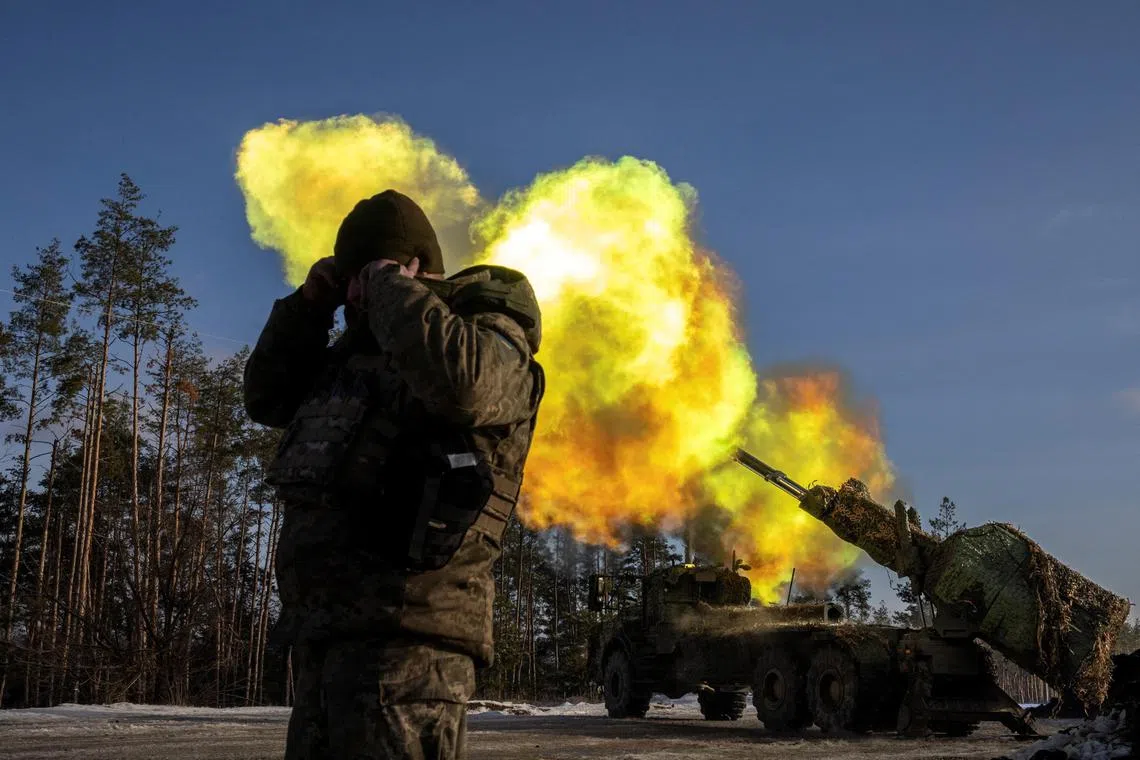 A Swedish-made Archer self-propelled howitzer of Ukraine’s 45th separate artillery brigade fires at Russian positions in the Donetsk region, amid Russia’s attack on Ukraine on Dec 16, 2023.  