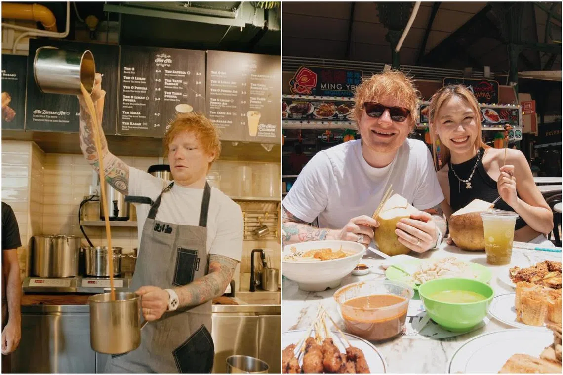 Ed Sheeran tried making teh tarik and local food with digital creator Denise Teo.